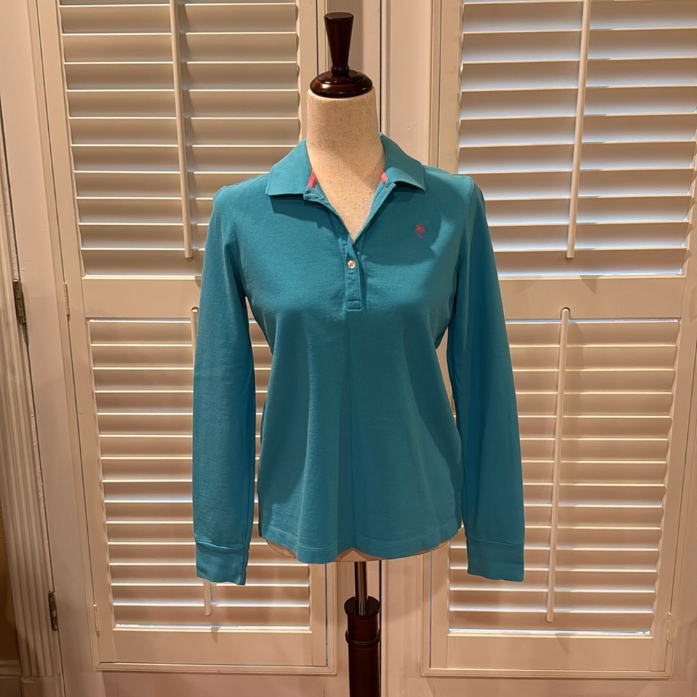 Lilly Pulitzer Teal Long Sleeve Polo Top with Pink Logo Accent